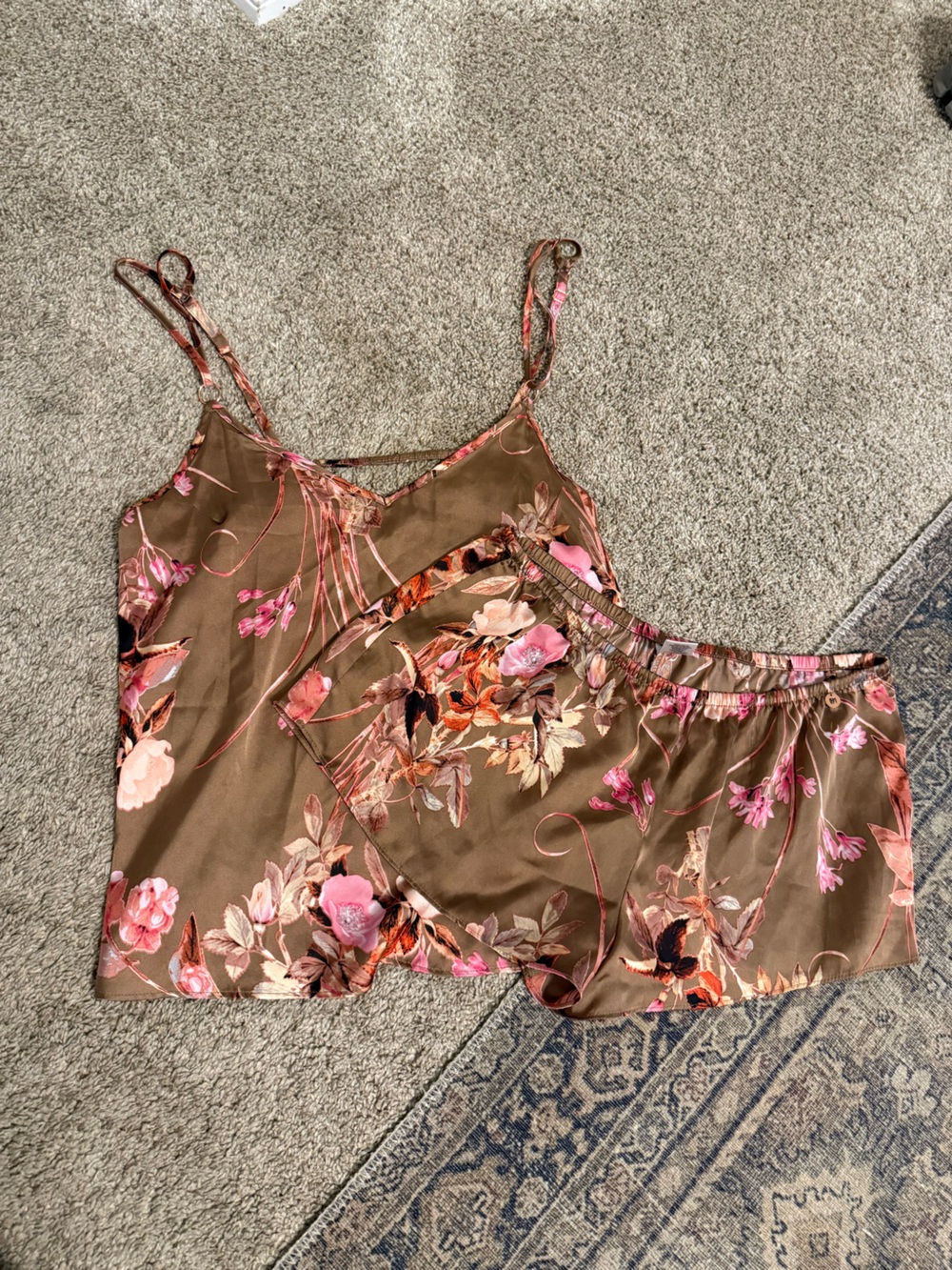 Floral Satin Camisole & Shorts Sleep Set - Brown with Pink Floral